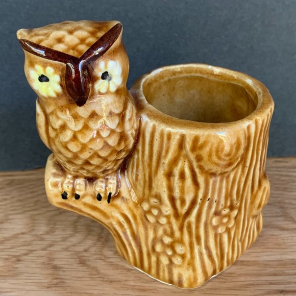 VTG Owl Toothpick Holder 70s Japan Tree Stump Ceramic Flowers Retro Boho Kitchen - Picture 5 of 10